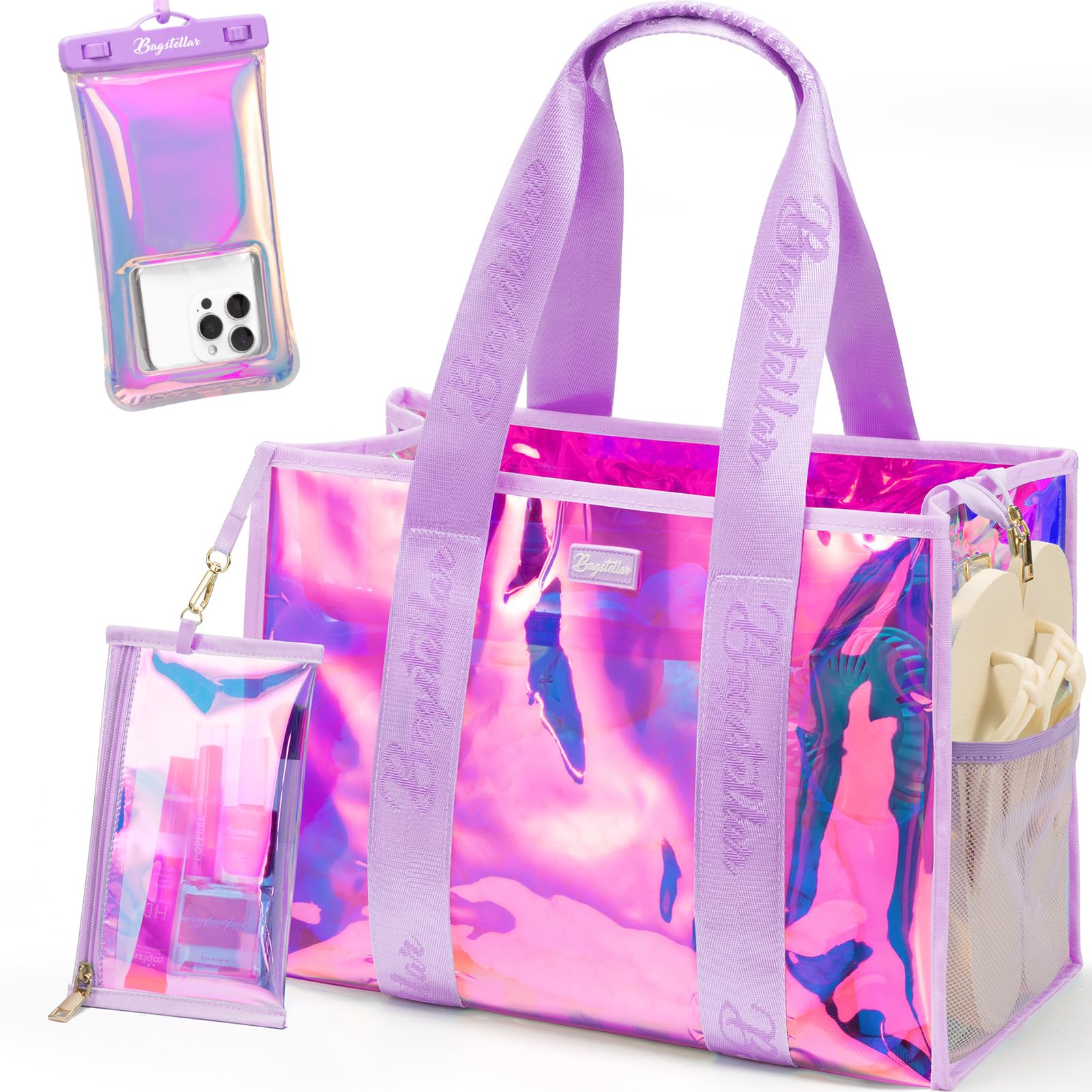 Bagstellar Iridescent Beach Tote Bags for Women, Large Zipper Beach Pool Swim Bag with Makeup Bag & Waterproof Phone Pouch | Waterproof Sandproof