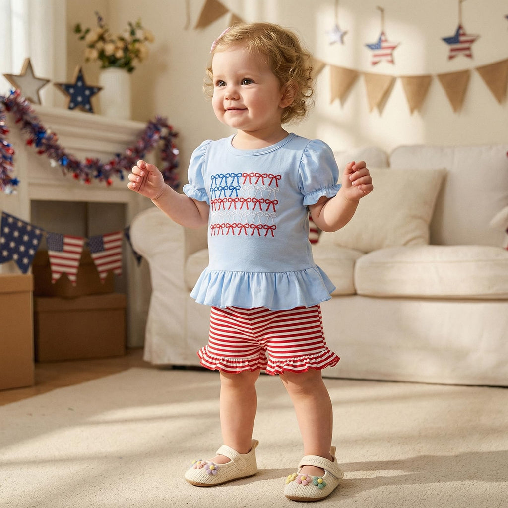 Toddler Girl 4th of July Outfit American Flag Embroidery T Shirt Top Ruffle Shorts Baby Independence Day Set 6M-4T