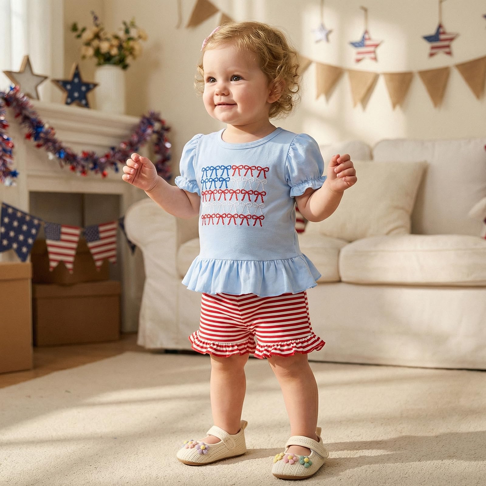 Toddler Girl 4th of July Outfit American Flag Embroidery T Shirt Top Ruffle Shorts Baby Independence Day Set 6M-4T