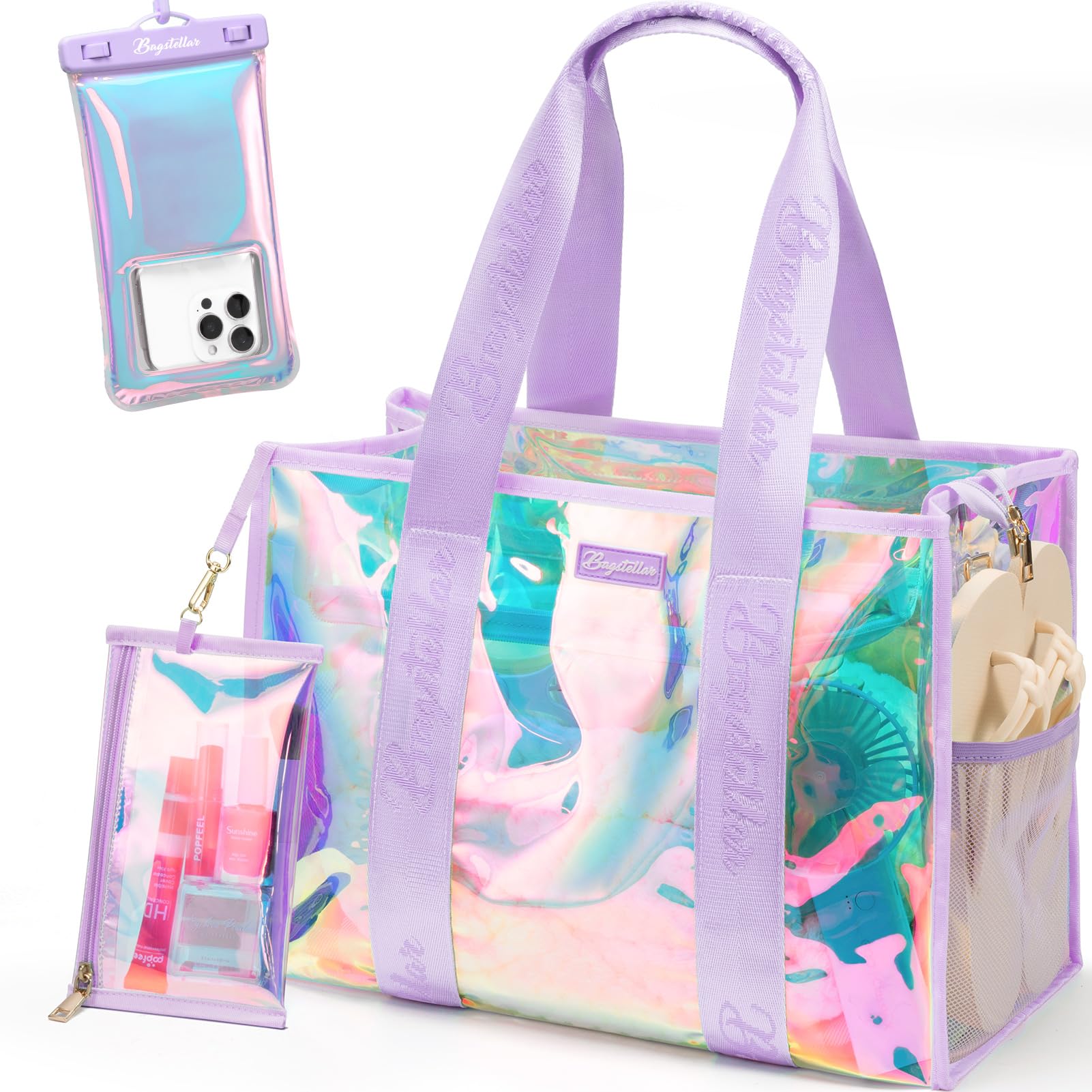 Bagstellar Iridescent Beach Tote Bags for Women, Large Zipper Beach Pool Swim Bag with Makeup Bag & Waterproof Phone Pouch | Waterproof Sandproof