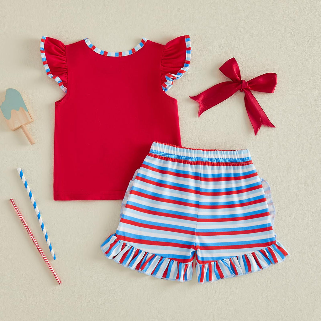 Toddler Girl 4th of July Outfit American Flag Embroidery T Shirt Top Ruffle Shorts Baby Independence Day Set 6M-4T
