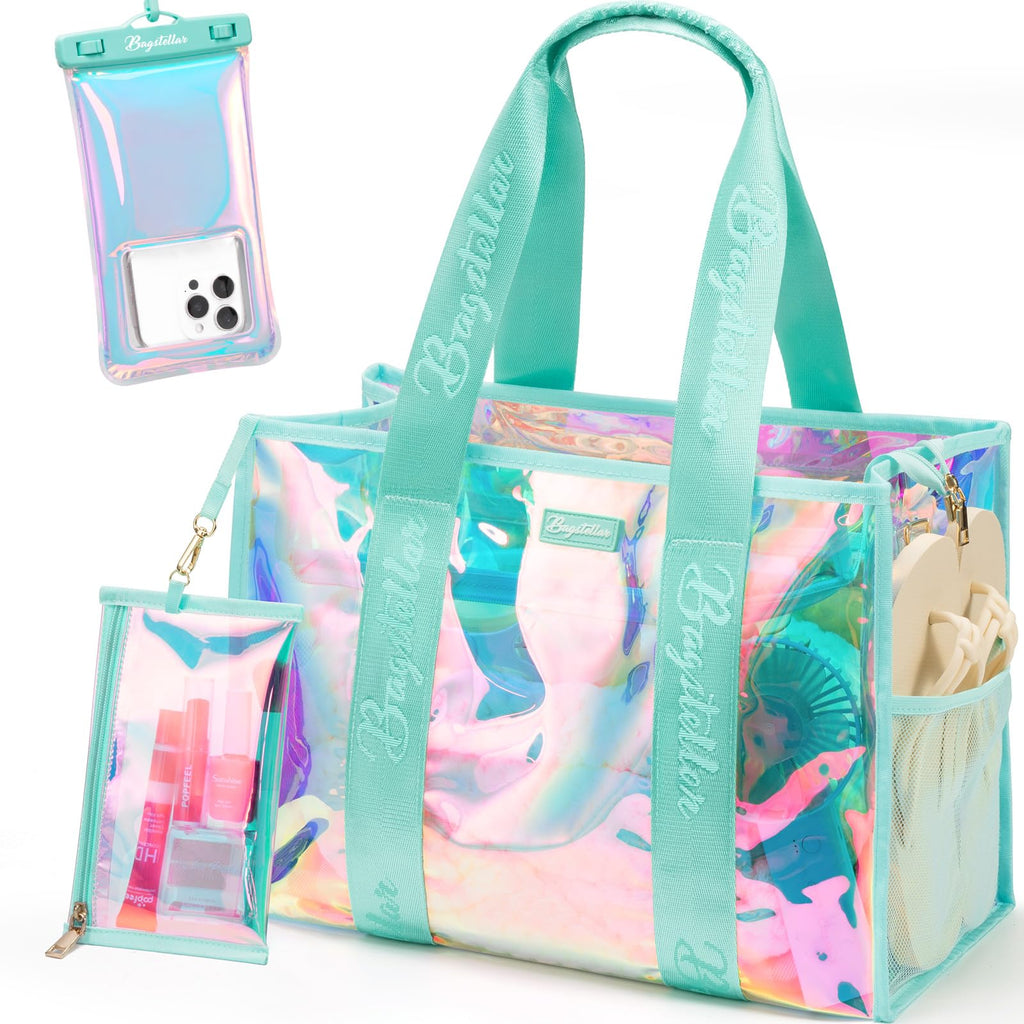 Bagstellar Iridescent Beach Tote Bags for Women, Large Zipper Beach Pool Swim Bag with Makeup Bag & Waterproof Phone Pouch | Waterproof Sandproof