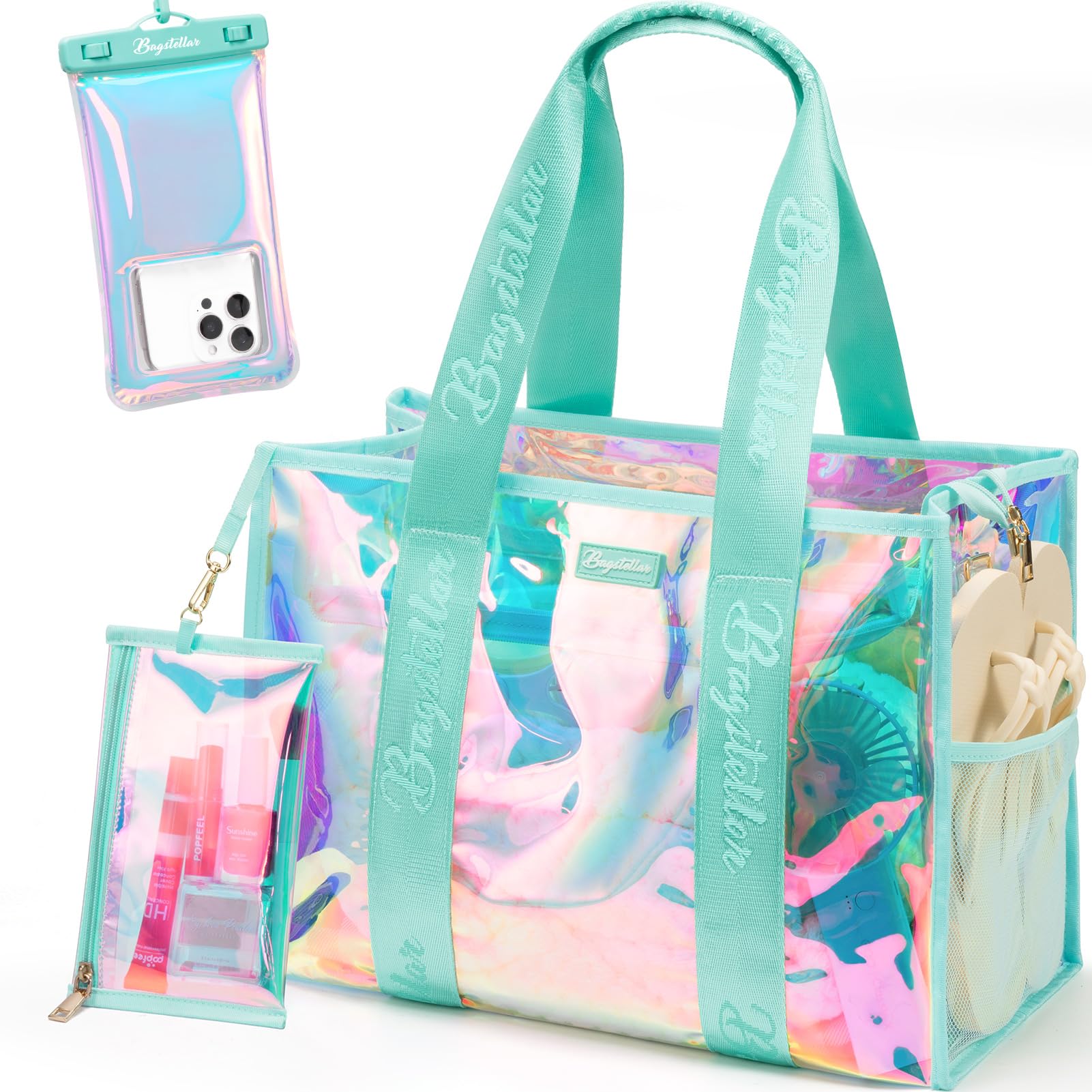 Bagstellar Iridescent Beach Tote Bags for Women, Large Zipper Beach Pool Swim Bag with Makeup Bag & Waterproof Phone Pouch | Waterproof Sandproof