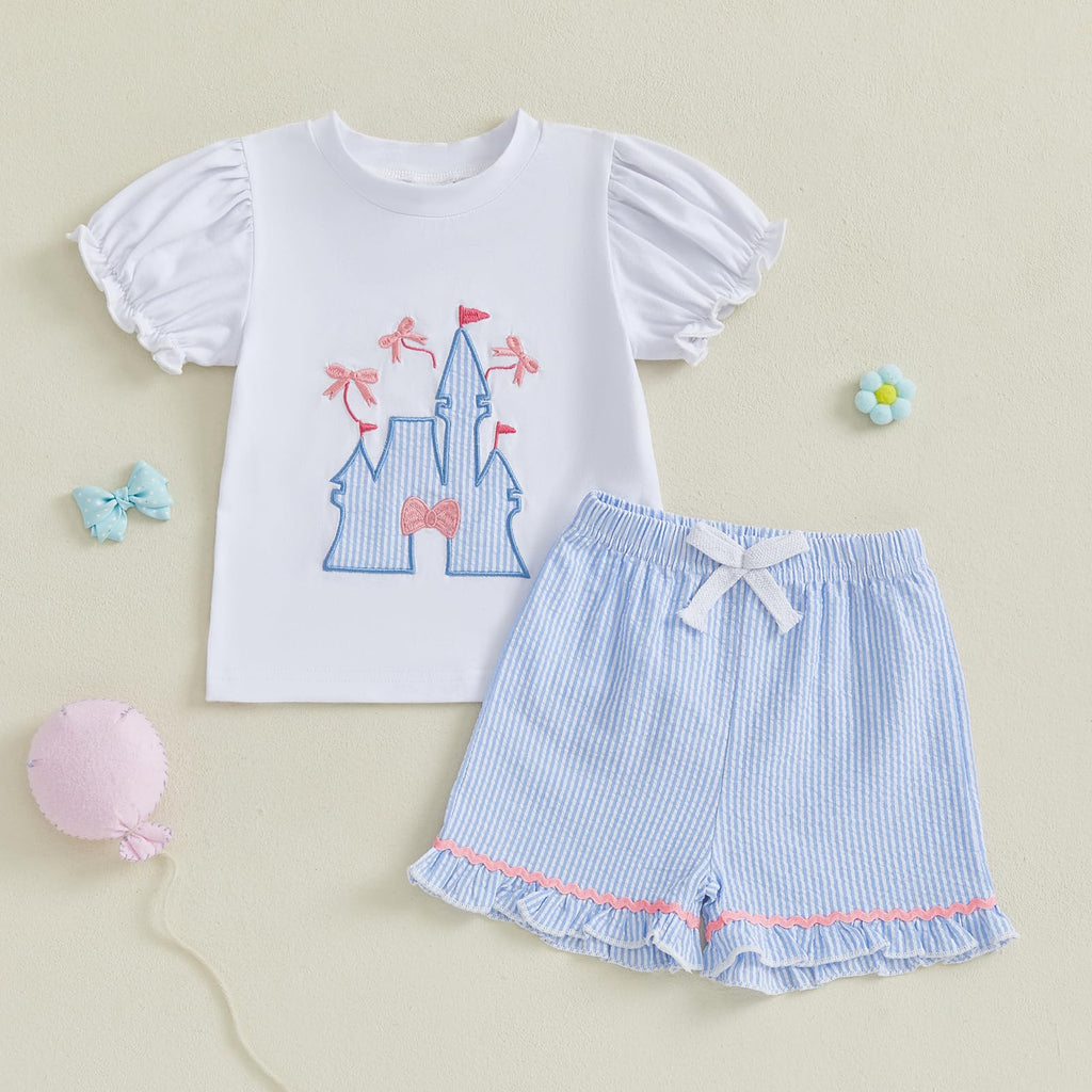 Toddler Baby Girl Summer Clothes Bow Castle T-Shirt Top Plaid Gingham Ruffle Shorts Set Infant Cake Smash Outfit