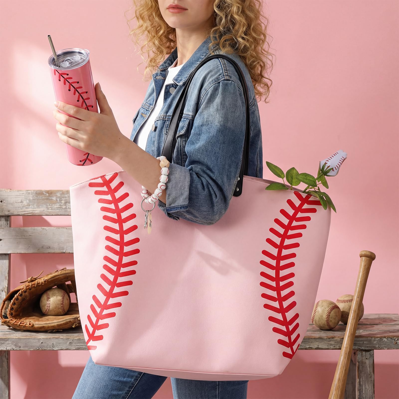 Sieral 6 Pcs Baseball Mom Gift Set Tote Bag Tumbler Hat Keychain, Mother's Day, Game & Birthday Day Gifts for Sports Mom