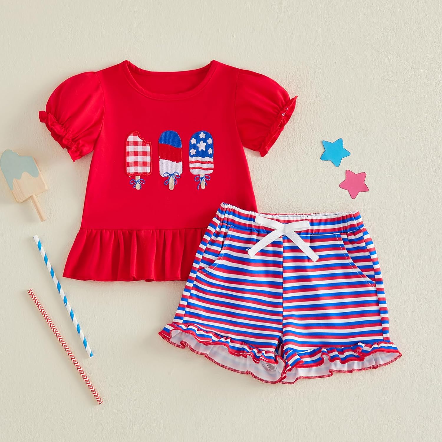 Karuedoo Toddler Baby Girl 4th of July Outfit Popsicle Embroidery Puff Sleeve Ruffle T Shirt Tops Plaid Shorts Set