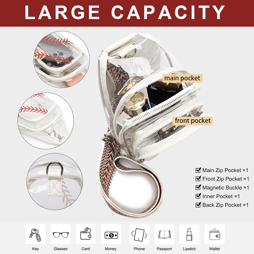 FAYBA Small Sling Bag for Women Crossbody Bag, Baseball Print PU Leather Wide Guitar Strap Chest Sling Backpack Purse