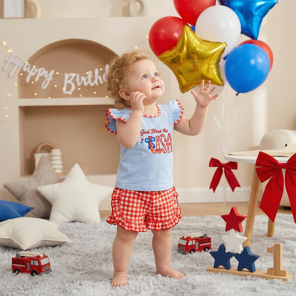 Toddler Girl 4th of July Outfit American Flag Embroidery T Shirt Top Ruffle Shorts Baby Independence Day Set 6M-4T