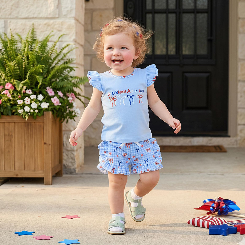Toddler Girl 4th of July Outfit American Flag Embroidery T Shirt Top Ruffle Shorts Baby Independence Day Set 6M-4T
