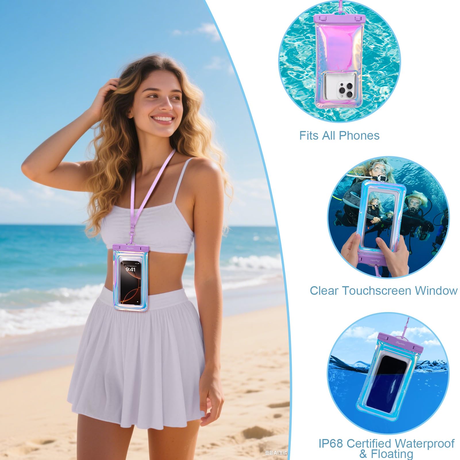 Bagstellar Iridescent Beach Tote Bags for Women, Large Zipper Beach Pool Swim Bag with Makeup Bag & Waterproof Phone Pouch | Waterproof Sandproof