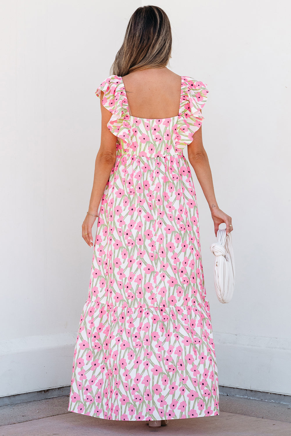 Pink Floral Print Easter Neck Ruffled Strap Maxi Dress