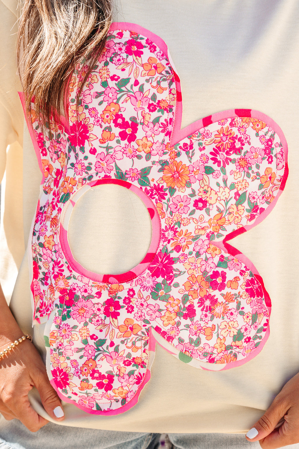 Bright Pink Floral Patched Raw Seam Big Flower Oversize Tee