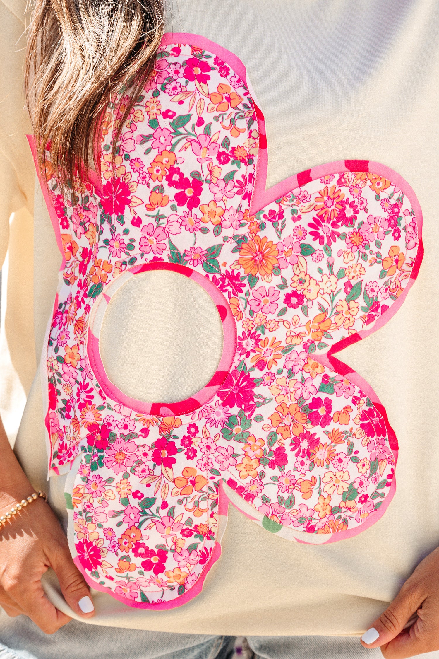 Bright Pink Floral Patched Raw Seam Big Flower Oversize Tee