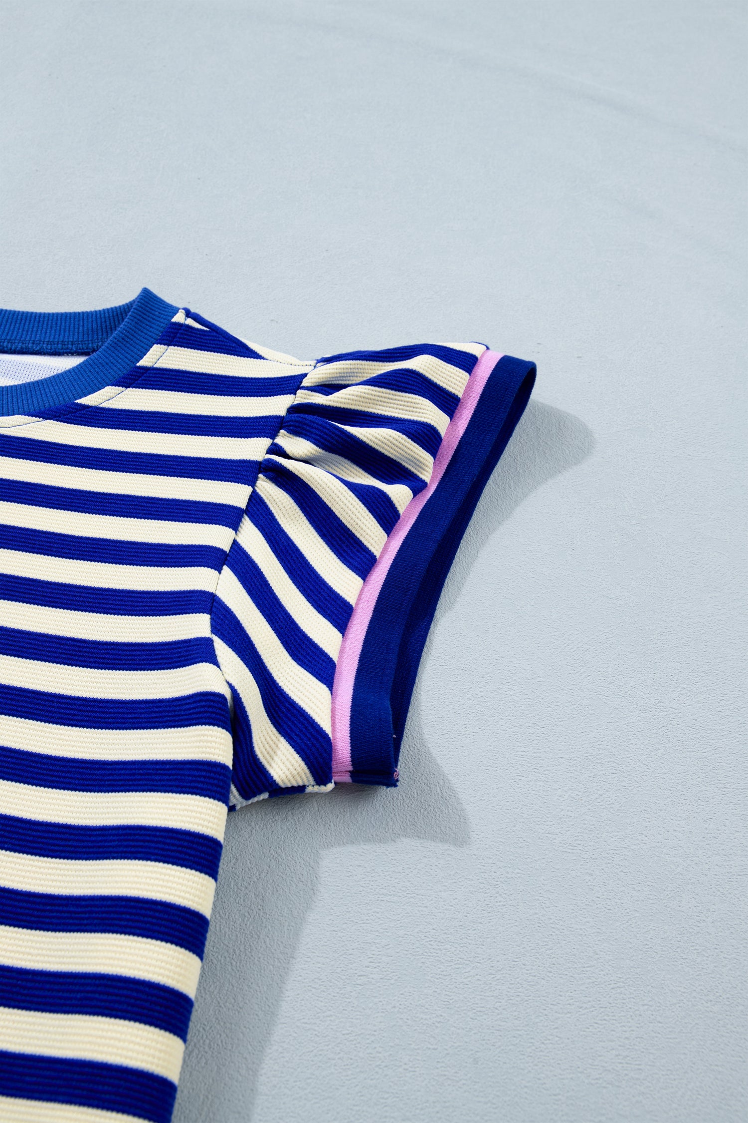 Blue Stripe Contrast Trim Cap Sleeve Top Casual Shorts 2pcs Set
