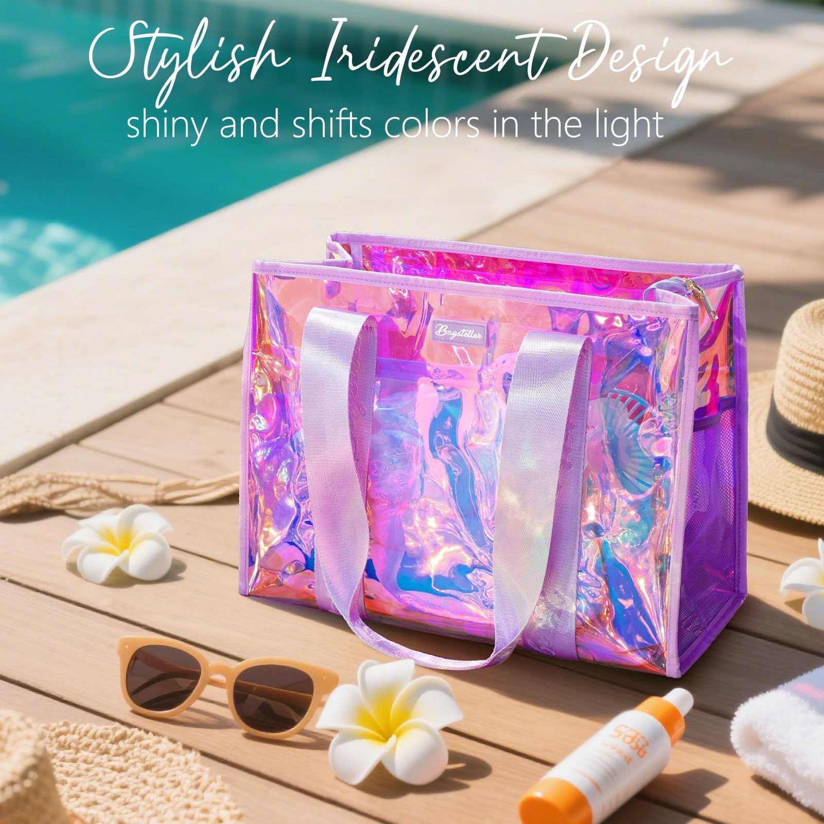 Bagstellar Iridescent Beach Tote Bags for Women, Large Zipper Beach Pool Swim Bag with Makeup Bag & Waterproof Phone Pouch | Waterproof Sandproof