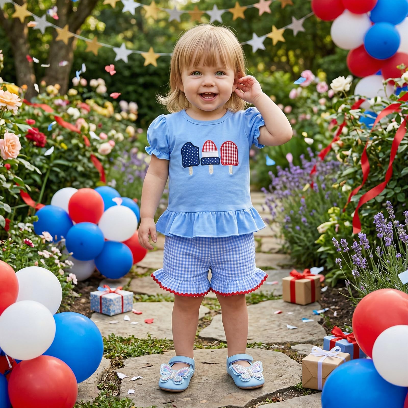 Karuedoo Toddler Baby Girl 4th of July Outfit Popsicle Embroidery Puff Sleeve Ruffle T Shirt Tops Plaid Shorts Set