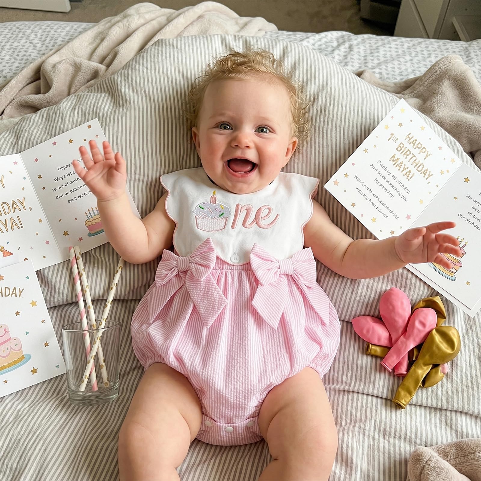 Toddler Baby Girl Birthday Outfit One Cake/Ice Cream/Animal Embroidery Romper Bow Stripe Bodysuit Cake Smash Outfit