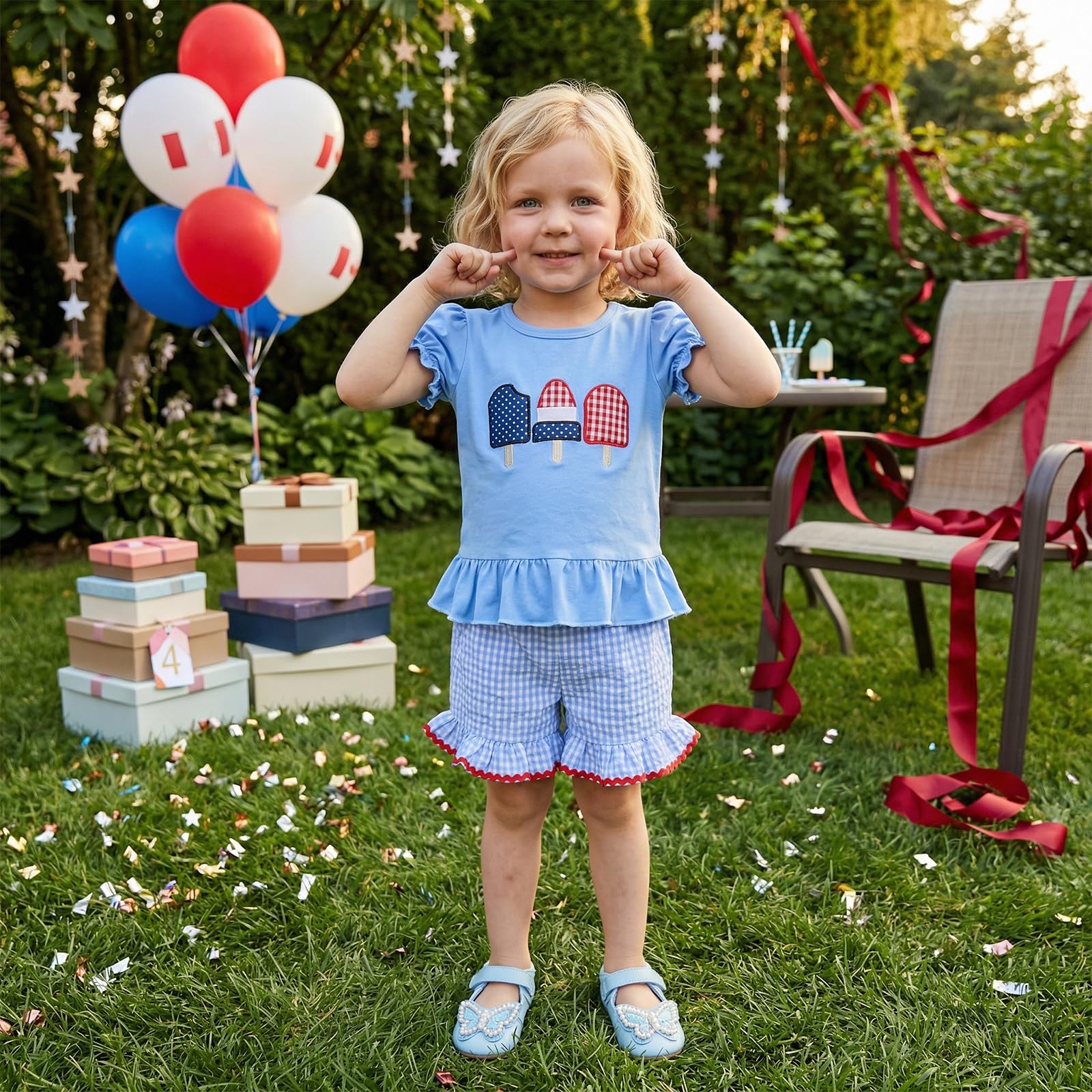 Karuedoo Toddler Baby Girl 4th of July Outfit Popsicle Embroidery Puff Sleeve Ruffle T Shirt Tops Plaid Shorts Set
