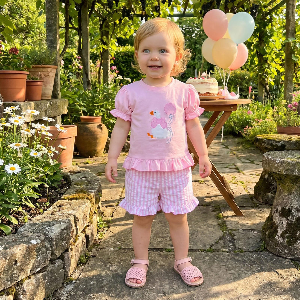 Rtnnsbbfcm Toddler Baby Girl Birthday Outfit Goose Embroidery Puff Sleeve Shirt Tops Ruffle Shorts Sets Cute Summer Clothes