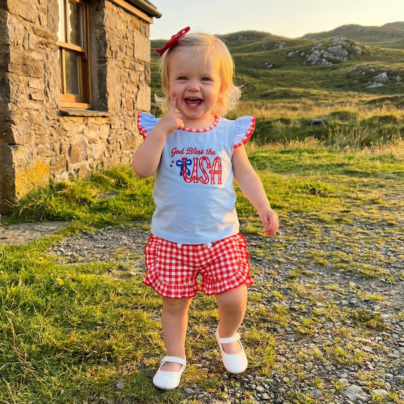Toddler Girl 4th of July Outfit American Flag Embroidery T Shirt Top Ruffle Shorts Baby Independence Day Set 6M-4T
