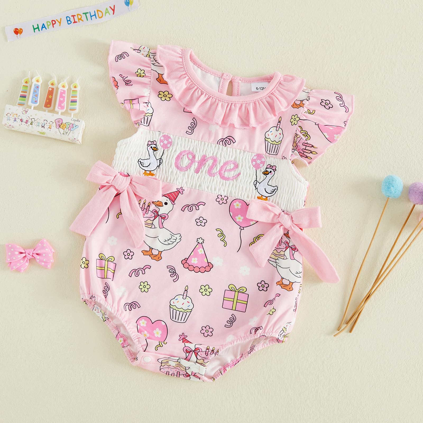 BemeyourBBs Baby Girl First Birthday Outfit 1st Birthday Cake Smocked Romper Jumpsuit One Year Clothes