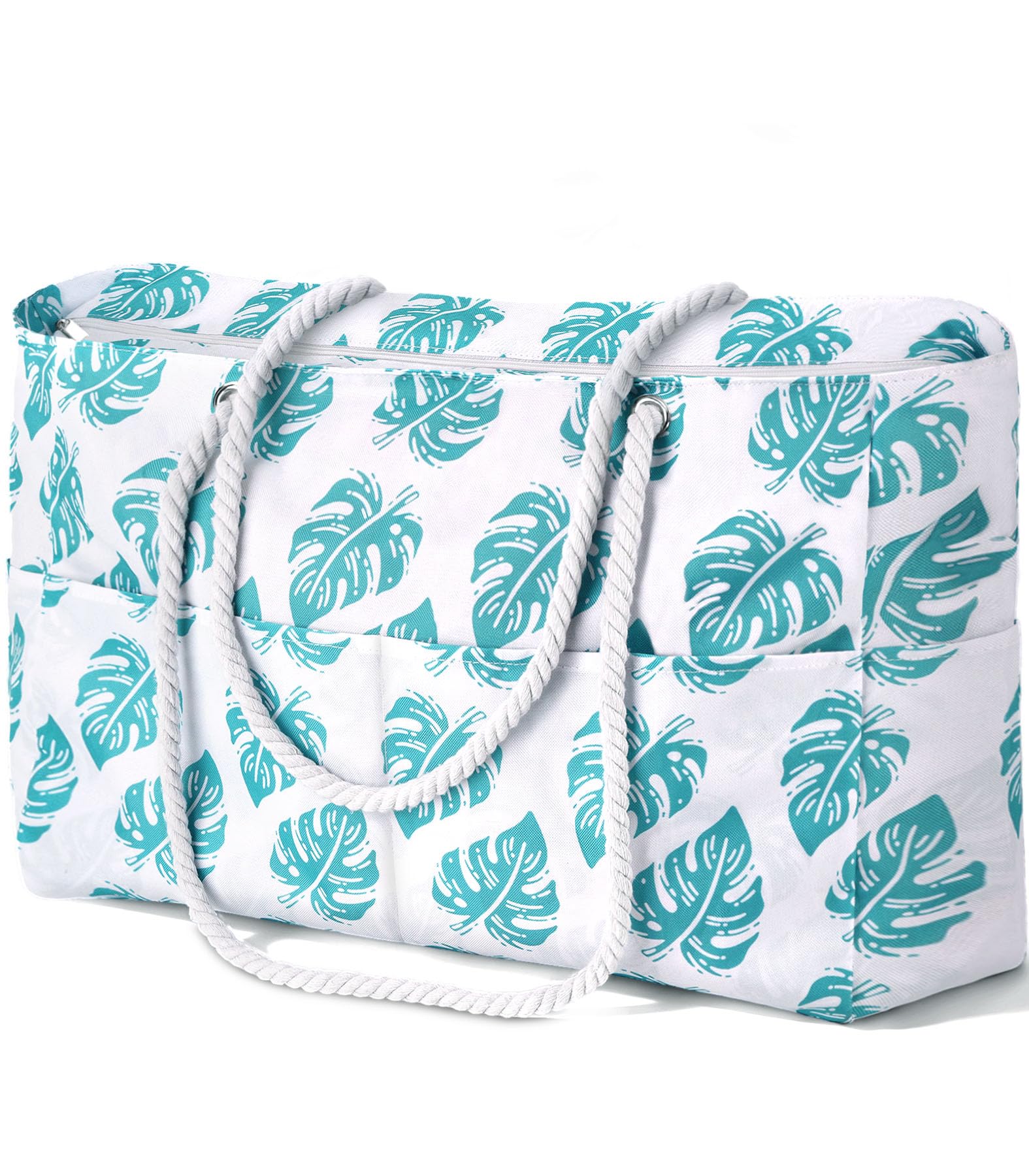 Aloha Coastal Beach Bag for Women, Large Beach Tote bag with Zipper & 5 Pockets, Waterproof Sandproof Canvas Tote