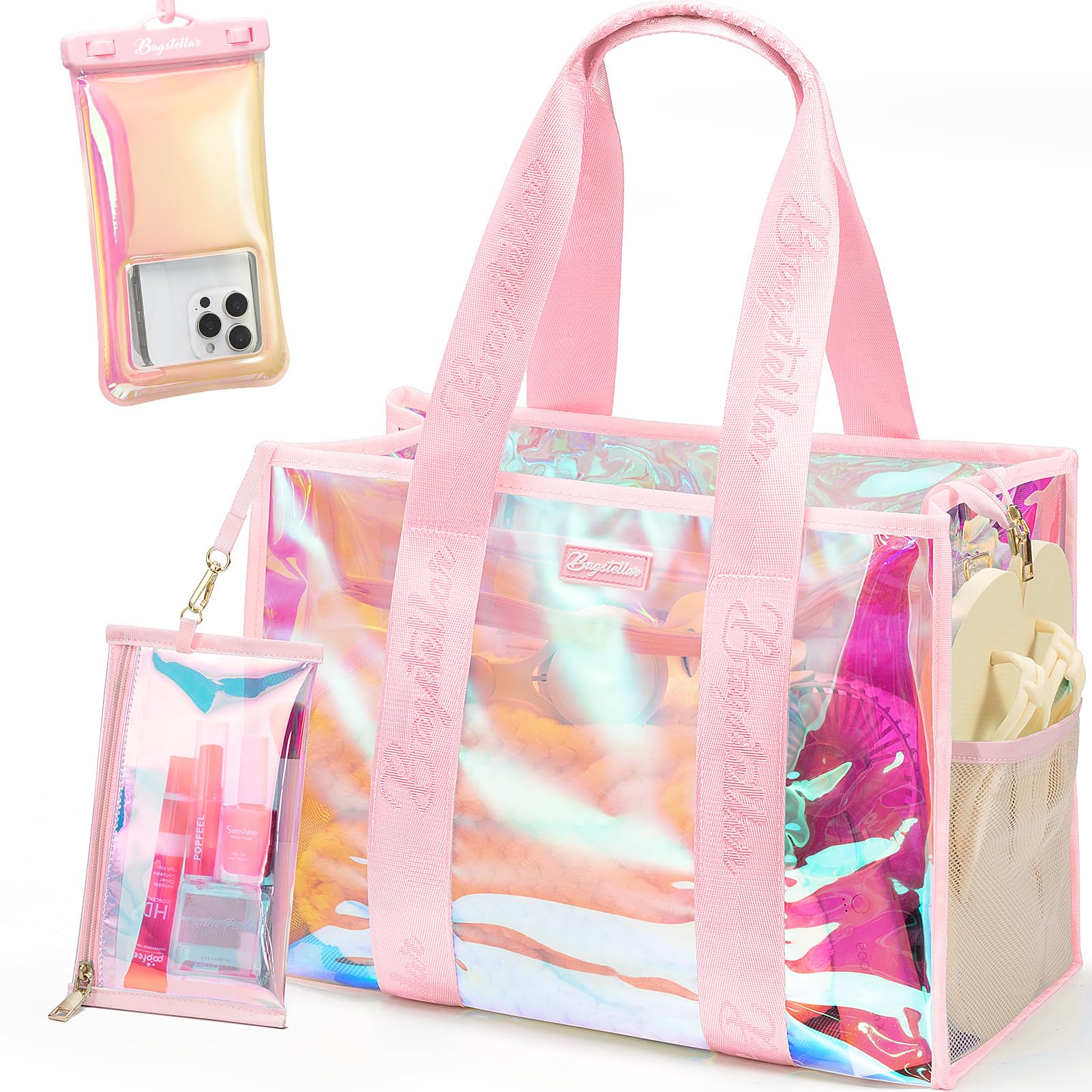 Bagstellar Iridescent Beach Tote Bags for Women, Large Zipper Beach Pool Swim Bag with Makeup Bag & Waterproof Phone Pouch | Waterproof Sandproof