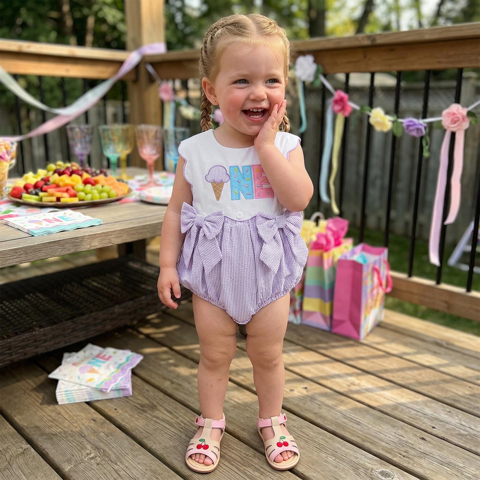 Toddler Baby Girl Birthday Outfit One Cake/Ice Cream/Animal Embroidery Romper Bow Stripe Bodysuit Cake Smash Outfit