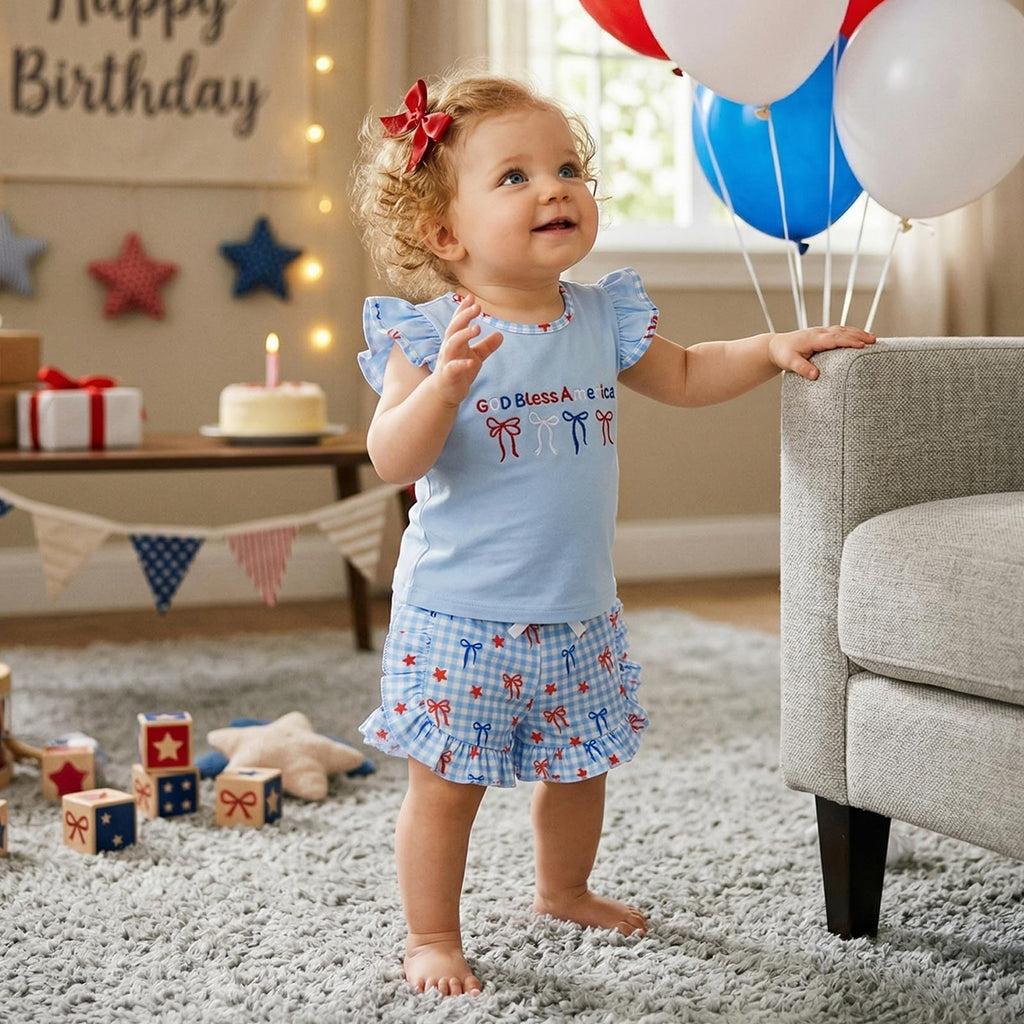 Toddler Girl 4th of July Outfit American Flag Embroidery T Shirt Top Ruffle Shorts Baby Independence Day Set 6M-4T
