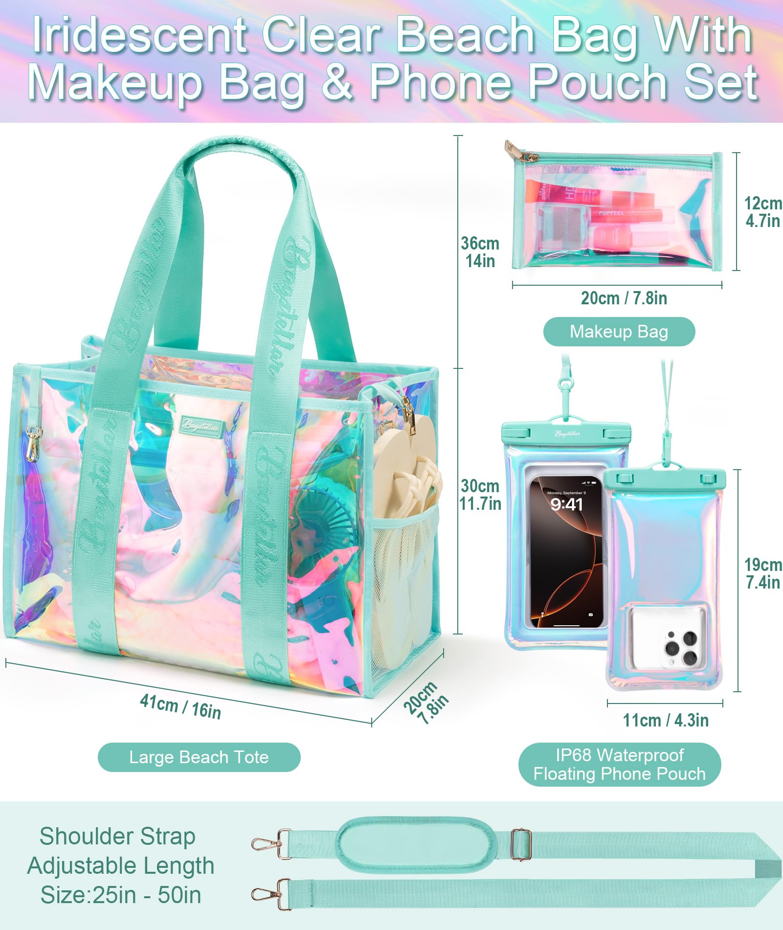Bagstellar Iridescent Beach Tote Bags for Women, Large Zipper Beach Pool Swim Bag with Makeup Bag & Waterproof Phone Pouch | Waterproof Sandproof