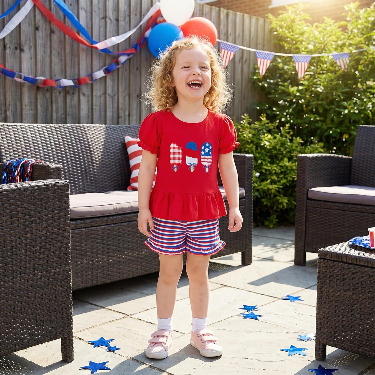 Karuedoo Toddler Baby Girl 4th of July Outfit Popsicle Embroidery Puff Sleeve Ruffle T Shirt Tops Plaid Shorts Set
