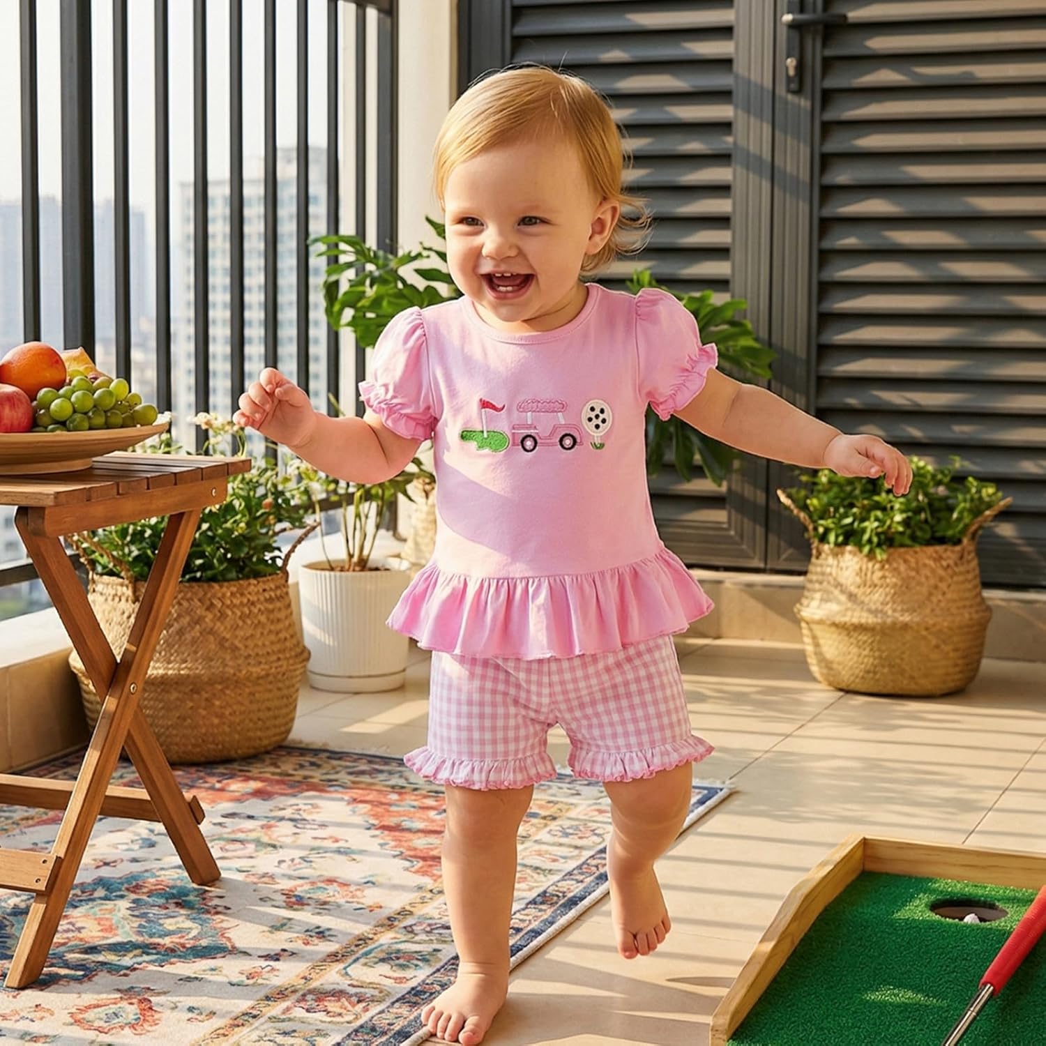 Toddler Baby Girl Golf Outfit Embroidered Ruffle Short Sleeve T Shirt Top Plaid Shorts 2 Piece Set Summer Clothes