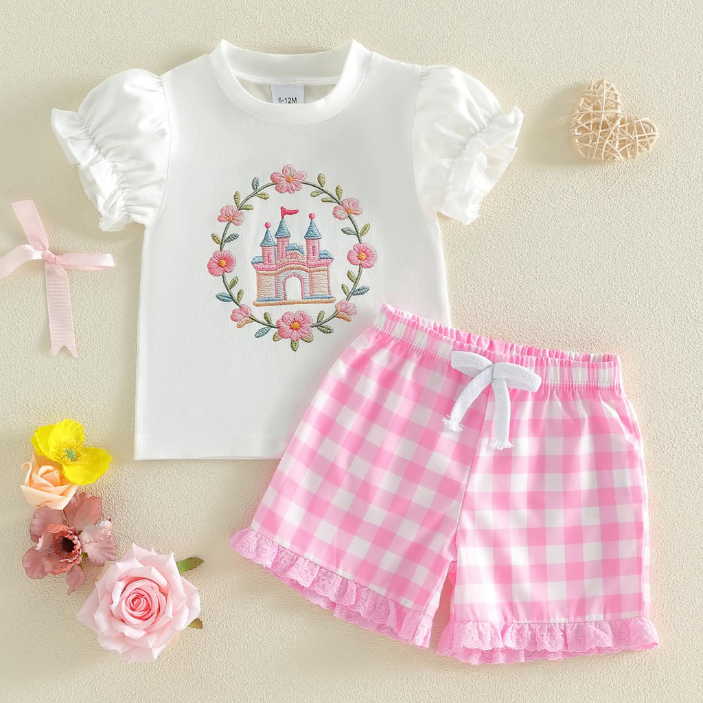 Toddler Baby Girl Summer Clothes Bow Castle T-Shirt Top Plaid Gingham Ruffle Shorts Set Infant Cake Smash Outfit