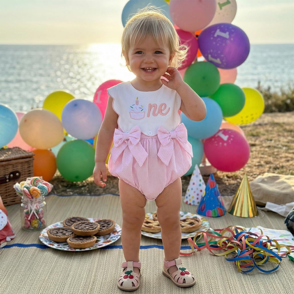 Toddler Baby Girl Birthday Outfit One Cake/Ice Cream/Animal Embroidery Romper Bow Stripe Bodysuit Cake Smash Outfit