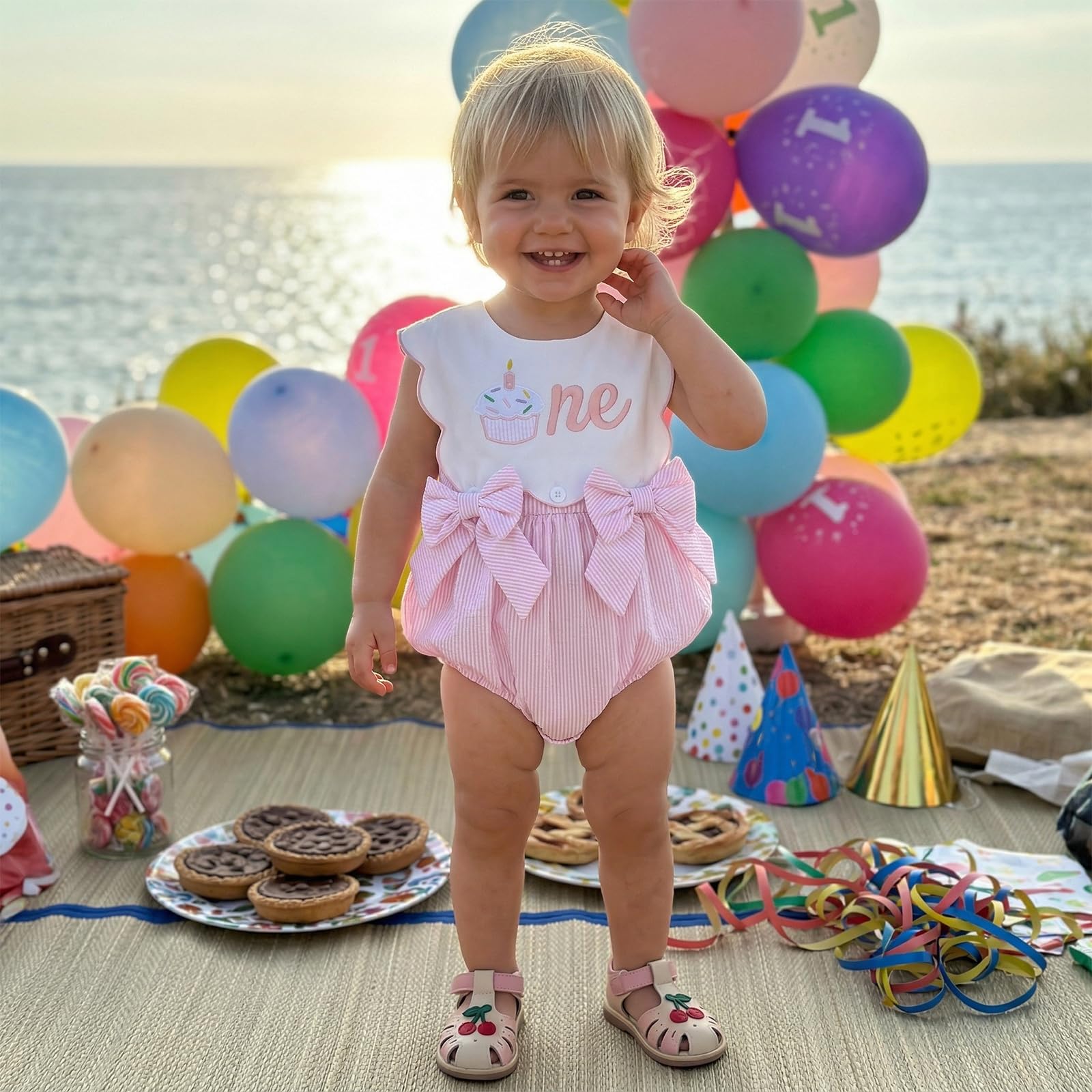 Toddler Baby Girl Birthday Outfit One Cake/Ice Cream/Animal Embroidery Romper Bow Stripe Bodysuit Cake Smash Outfit