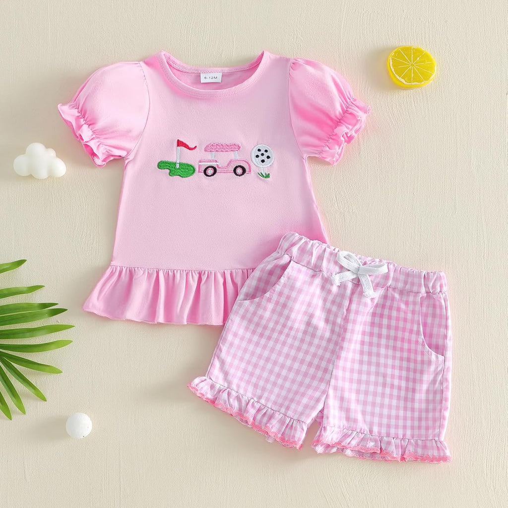 Toddler Baby Girl Golf Outfit Embroidered Ruffle Short Sleeve T Shirt Top Plaid Shorts 2 Piece Set Summer Clothes