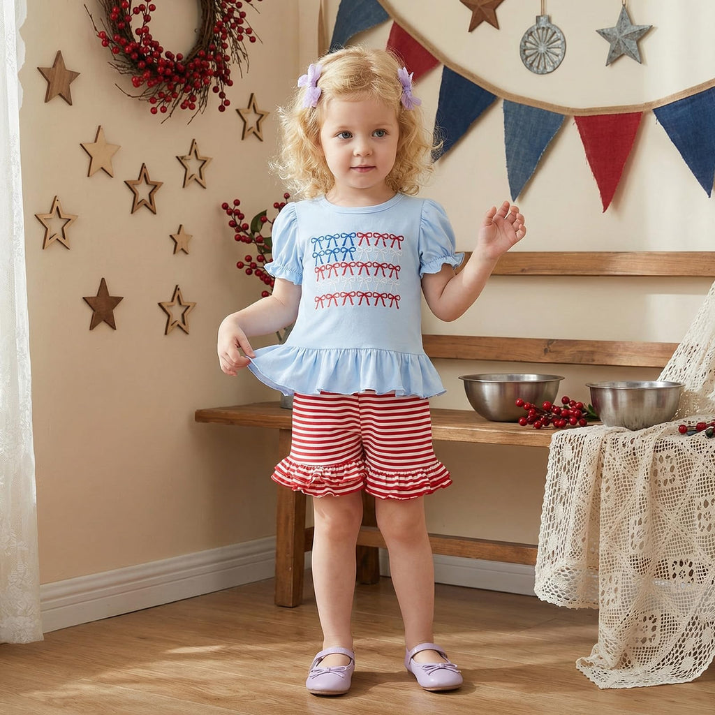 Toddler Girl 4th of July Outfit American Flag Embroidery T Shirt Top Ruffle Shorts Baby Independence Day Set 6M-4T
