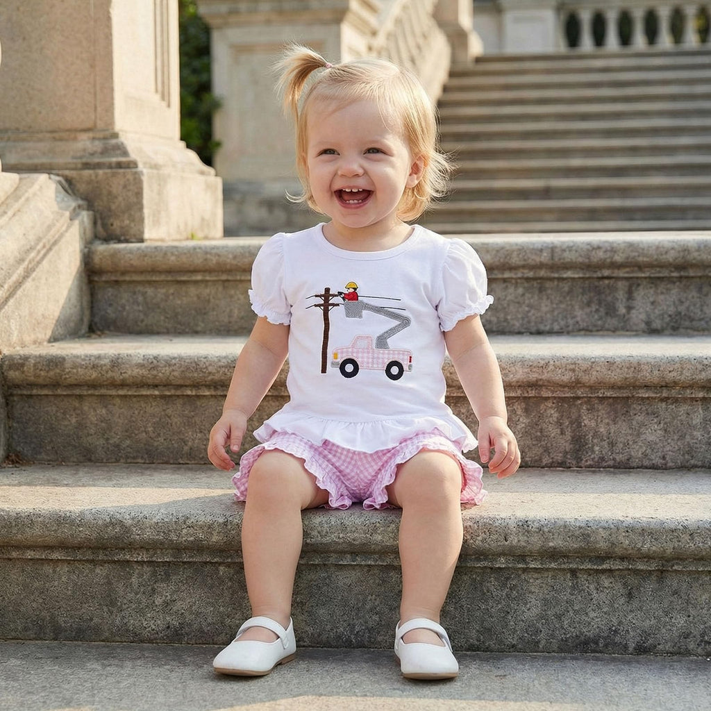 Bagilaanoe Toddler Baby Girl Puff Short Sleeve T-Shirt+ Plaid Shorts Castle/Lineworker Embroidery Clothes 2PCS Outfit Set