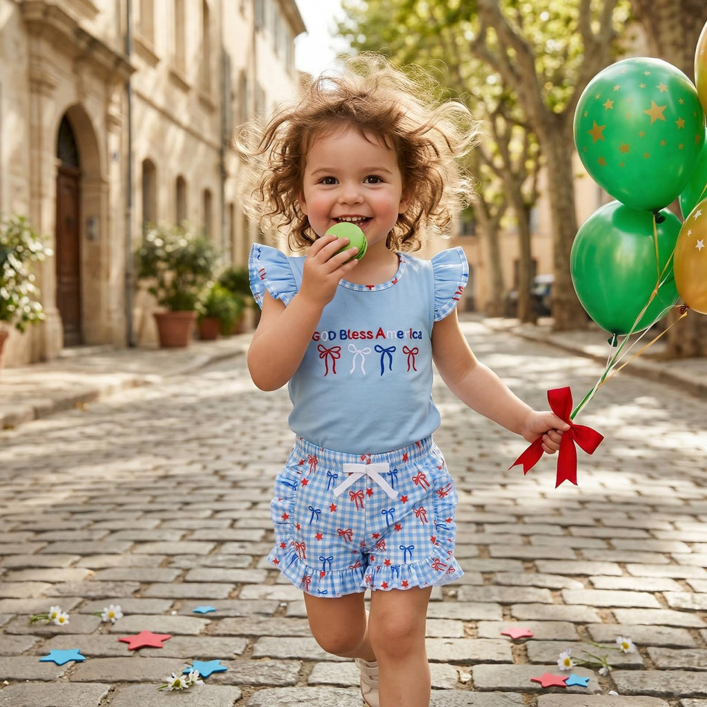 Toddler Girl 4th of July Outfit American Flag Embroidery T Shirt Top Ruffle Shorts Baby Independence Day Set 6M-4T