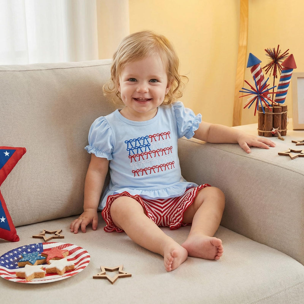 Toddler Girl 4th of July Outfit American Flag Embroidery T Shirt Top Ruffle Shorts Baby Independence Day Set 6M-4T