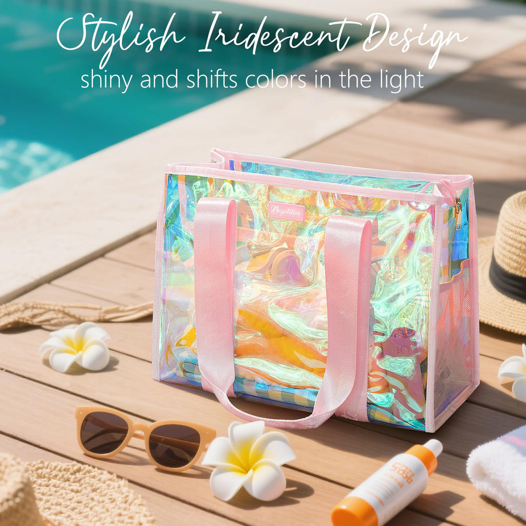Bagstellar Iridescent Beach Tote Bags for Women, Large Zipper Beach Pool Swim Bag with Makeup Bag & Waterproof Phone Pouch | Waterproof Sandproof