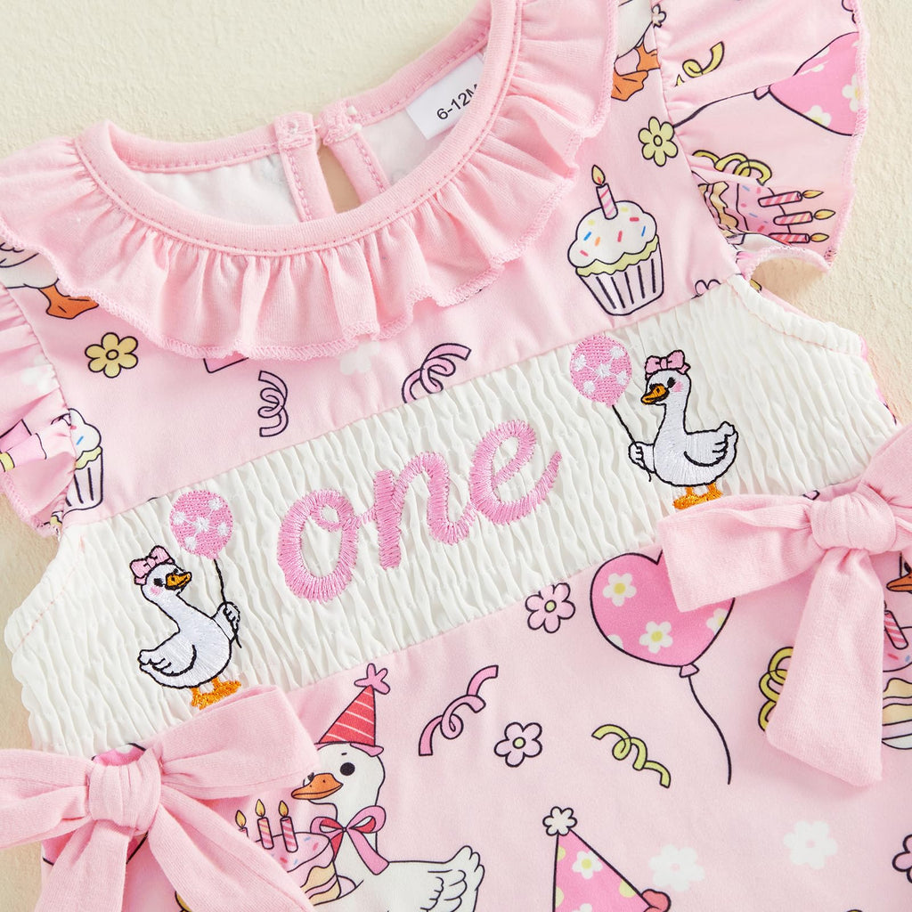BemeyourBBs Baby Girl First Birthday Outfit 1st Birthday Cake Smocked Romper Jumpsuit One Year Clothes