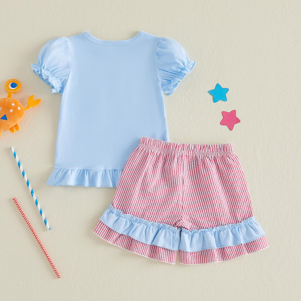 Toddler Girl 4th of July Outfit American Flag Embroidery T Shirt Top Ruffle Shorts Baby Independence Day Set 6M-4T