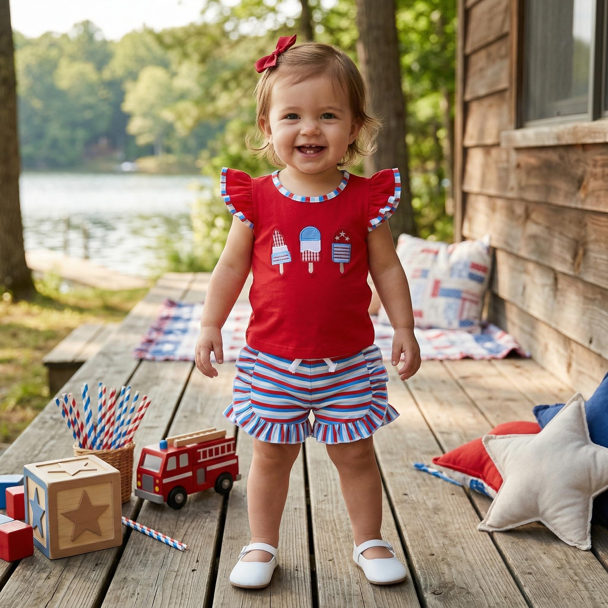 Toddler Girl 4th of July Outfit American Flag Embroidery T Shirt Top Ruffle Shorts Baby Independence Day Set 6M-4T