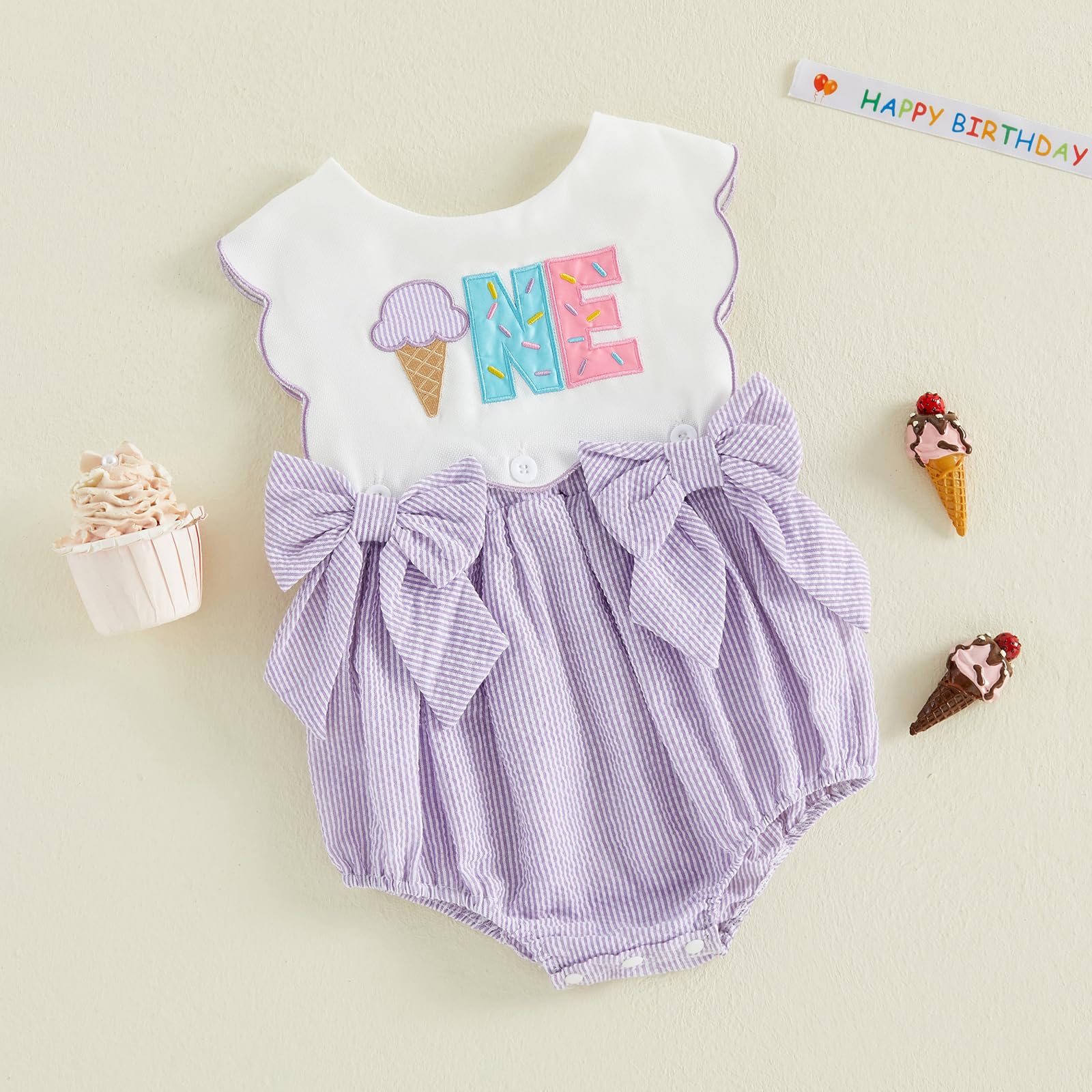Toddler Baby Girl Birthday Outfit One Cake/Ice Cream/Animal Embroidery Romper Bow Stripe Bodysuit Cake Smash Outfit
