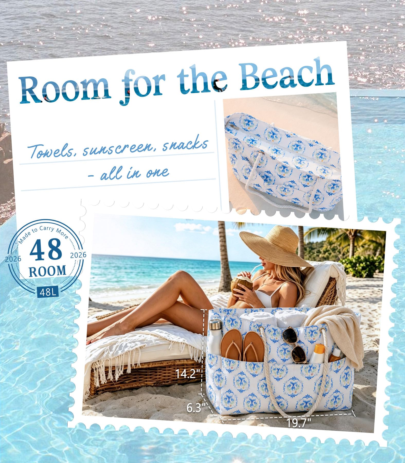 Aloha Coastal Beach Bag for Women, Large Beach Tote bag with Zipper & 5 Pockets, Waterproof Sandproof Canvas Tote