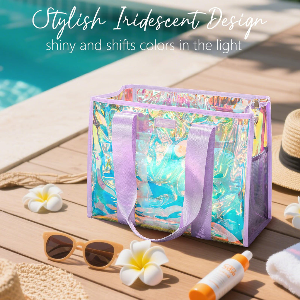 Bagstellar Iridescent Beach Tote Bags for Women, Large Zipper Beach Pool Swim Bag with Makeup Bag & Waterproof Phone Pouch | Waterproof Sandproof