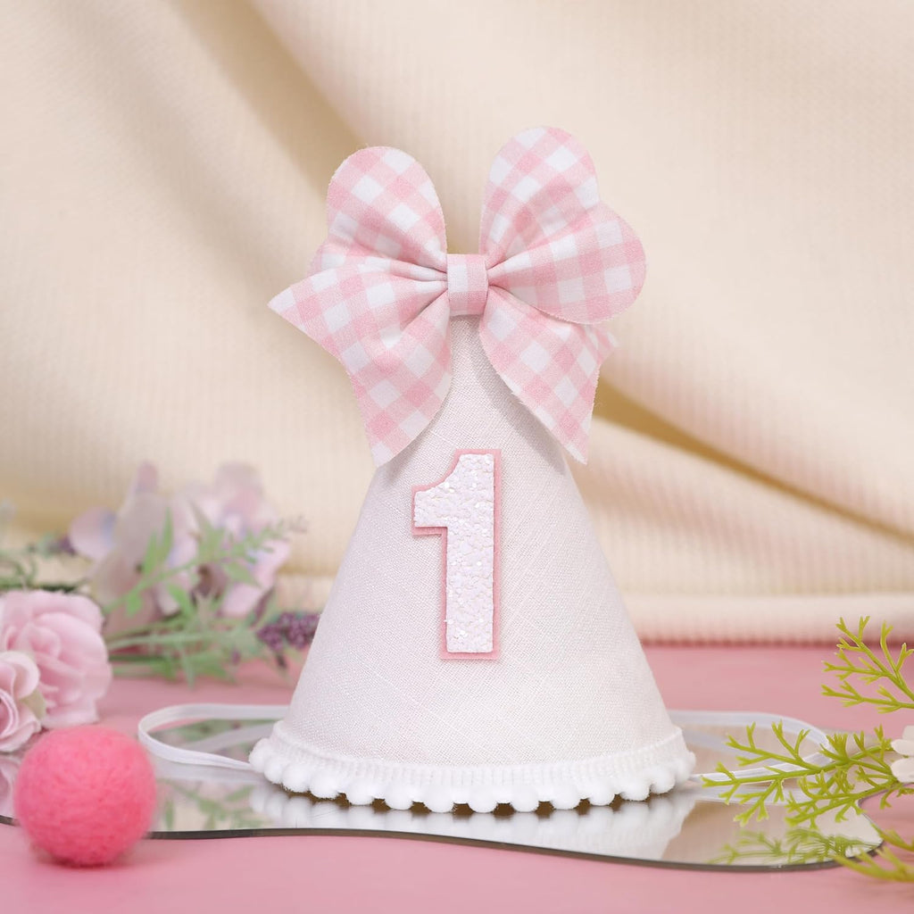Pink Bow 1st Birthday Hat for Girls - Pink and White Theme First Brithday Decorations, Sweet One Theme Party Hat, Baby Girl Bday Decor (1st birthday hat)