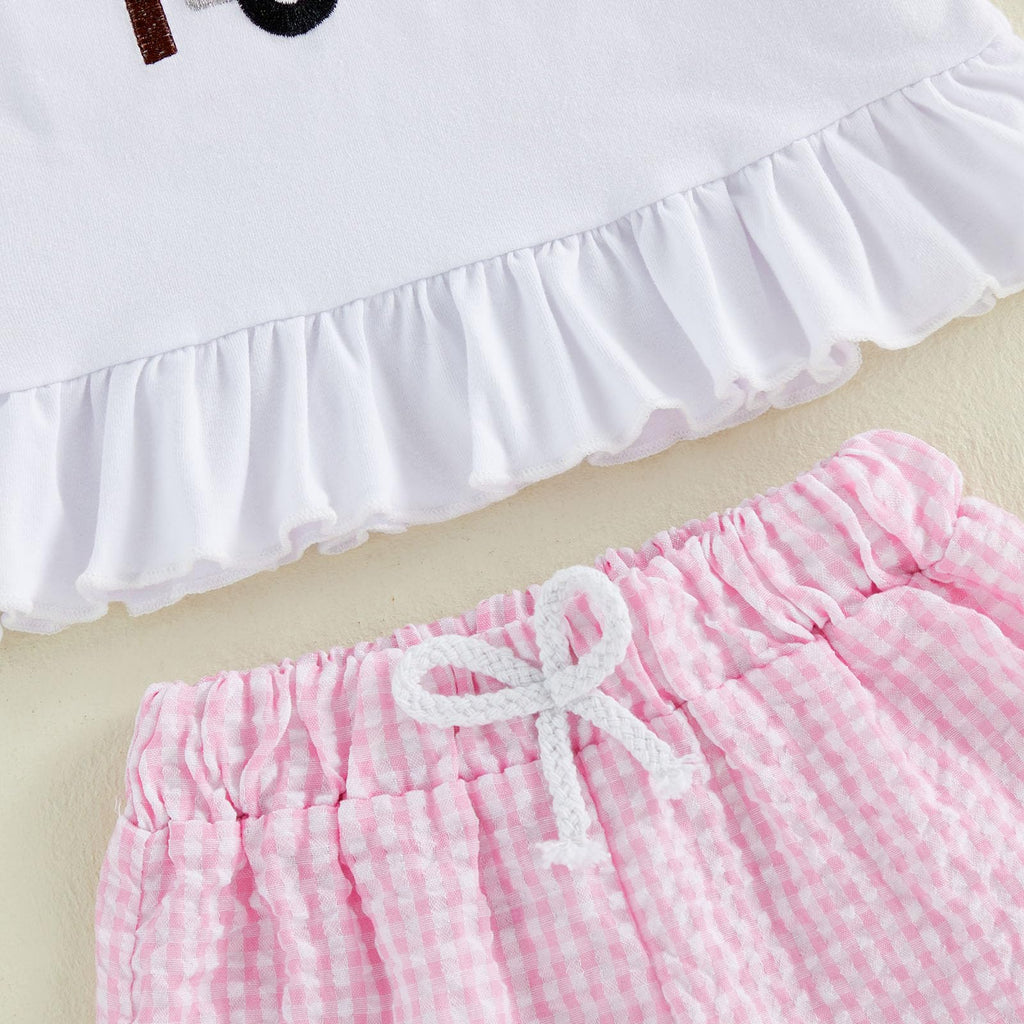 Bagilaanoe Toddler Baby Girl Puff Short Sleeve T-Shirt+ Plaid Shorts Castle/Lineworker Embroidery Clothes 2PCS Outfit Set