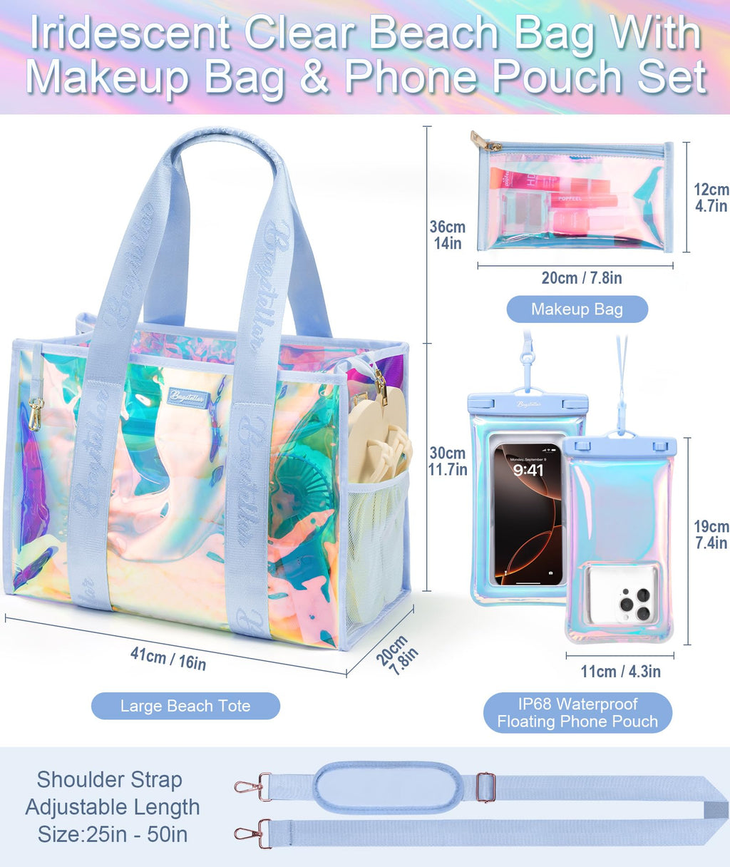Bagstellar Iridescent Beach Tote Bags for Women, Large Zipper Beach Pool Swim Bag with Makeup Bag & Waterproof Phone Pouch | Waterproof Sandproof